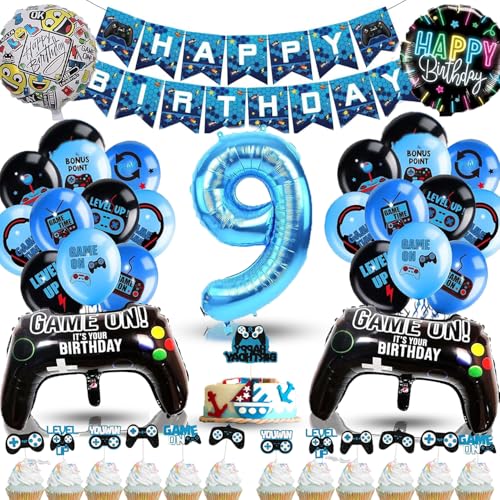 Betensh Luftballon 9. Geburtstag Junge, Deko Geburtstag 9 Jahre Junge, Geburtstagsdeko 9 Jahre Junge mit Videospiel Tortendeko, Deko Kindergeburtstag Ballons Blau für Gamer Deko Party Deko Geburtstag von Betensh