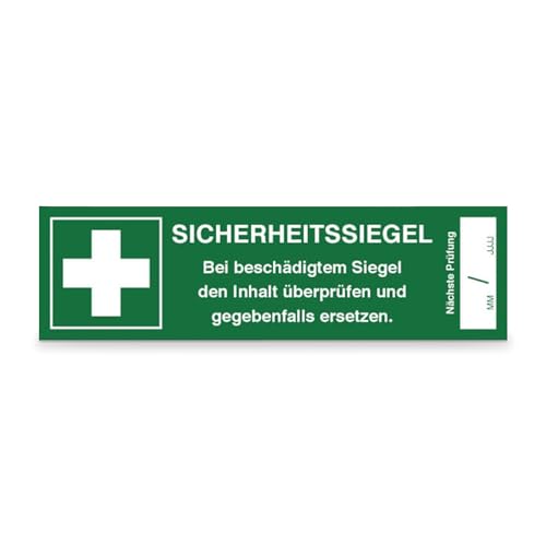 Sicherheitssiegel für Erste Hilfe Koffer - 5 Aufkleber auf Bogen - Dokumentenfolie - BxH: 10,5 x 3,0 cm - DIN EN ISO 7010 E003 + Zusatztext - Manipulationssicherung von Betriebsausstattung24