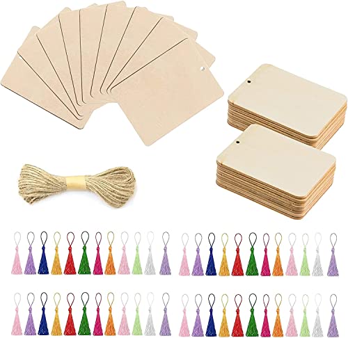 94PCS Holz Blanko Lesezeichen, BetterJonny 45 Stücke Lesezeichen aus Holz mit 48 Bunten Quasten 13m Seile Rechteck Leeres Lesezeichen mit Löchern für DIY Lesezeichen Handwerk Geschenke Tag, 6,3x8,9 cm von BetterJonny