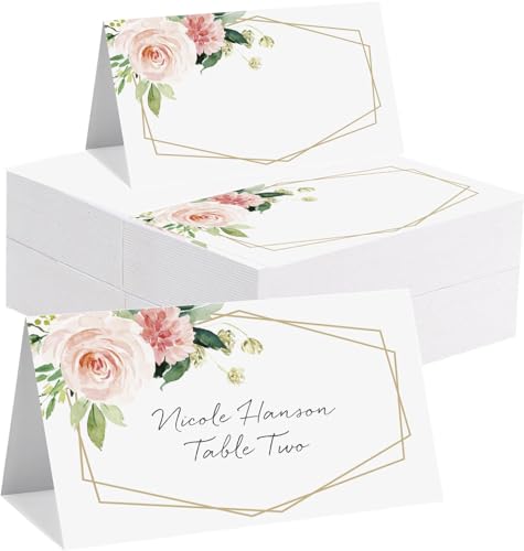 100 Stück Hochzeit Tischkarten 90 * 100mm, BetterJonny Namenskarten zum Beschriften Hochzeit Tischkarten mit Elegantes Design Tischdekoration Platzkarten für Hochzeit Kommunion Taufe Feier(Blume-A) von BetterJonny