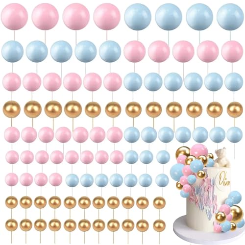 120 Stück Tortendeko Kugeln Cake Topper,BetterJonny Kuchen Dekoration Kugel DIY Mini Ballon Cupcake Einsatz Tortendeko Kugel für Hochzeit Babyparty Geburtstag Torte Dekorieren (Blau/Rosa/Gold) von BetterJonny