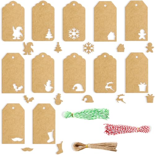 144PCS Kraftpapier Etiketten Tags, BetterJonny Geschenkanhänger Kraftpapier Weihnachten Etiketten Tags Kraftpapier mit Schnur Weihnachten Anhänger Etiketten Preisschilder für Weihnachten Verpacken von BetterJonny