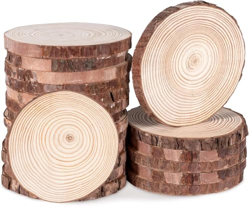 20 Stück Holzscheiben, BetterJonny Rund 10-12cm Holz Log Scheiben Kit mit Loch Unvollendete Holzkreise für DIY, Basteln, Hochzeit, Weihnachten Dekoration von BetterJonny