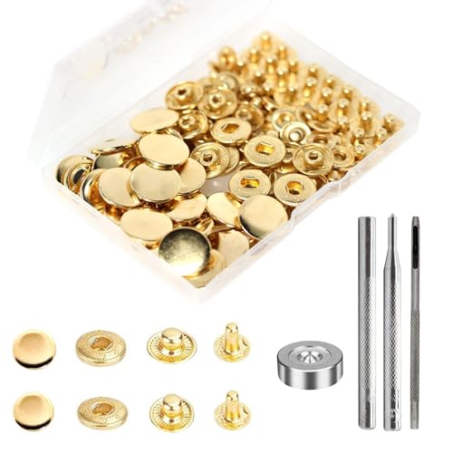 24 Sets Druckknöpfe Set, Basicon Messing Druckknöpfe Φ17mm Kupfer Druckknöpfe Metall Bronze Kleidung Druckknöpfe mit Fixierwerkzeug Kit für Leder Jeans Jacke Brieftasche Handtasche, Gold von BetterJonny