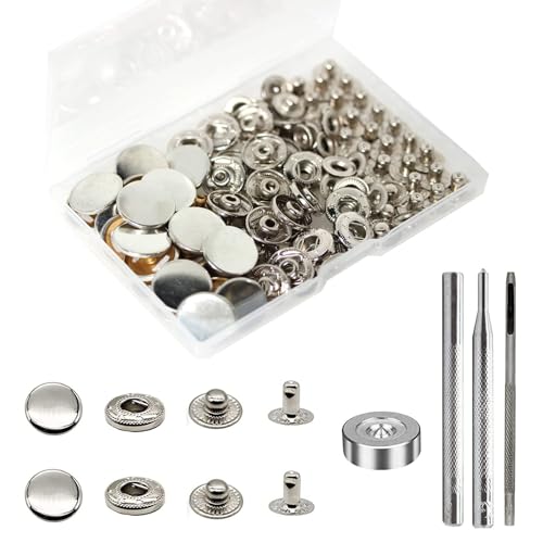 24 Sets Druckknöpfe Set, Basicon Messing Druckknöpfe Φ17mm Kupfer Druckknöpfe Metall Bronze Kleidung Druckknöpfe mit Fixierwerkzeug Kit für Leder Jeans Jacke Brieftasche Handtasche, Silber von BetterJonny