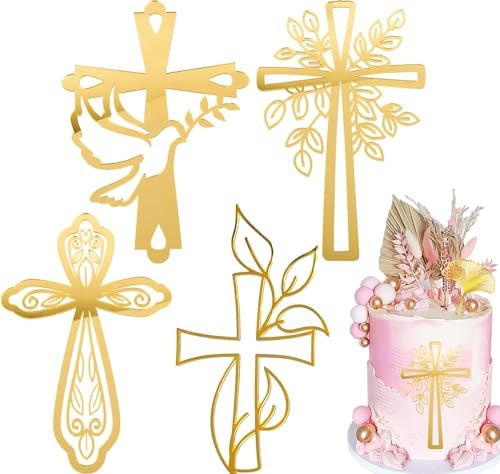 4 Stück Kuchendeko Kreuz，BetterJonny Gold Cake Topper Taube 17x12cm Gold Acryl Torte Deko Spiegel Kuchen Dekoration Set Schillernder Spiegeleffekt Taufe, Konfirmation, Kommunion oder Firmung,Geburtsta von BetterJonny