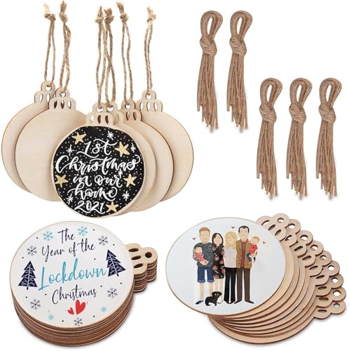 50 Stück Holzanhänger, BetterJonny Weihnachten Holz Ornamente Unvollendete Holzkreise Holzscheiben mit Loch mit 50pcs Juteseile für Weihnachten Dekoration Handwerke Basteln Bemalen Scrapbook von BetterJonny