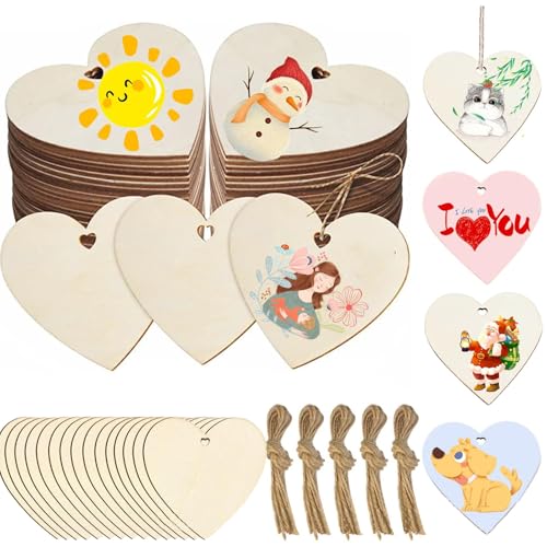 50 Stük Holzherzen Deko,BetterJonny Holzherzen zum Basteln und Dekorieren 8cm Holzherzen Scheiben Holzherzen Hochzeit mit 50pcs Juteseile für Weihnachten Valentinstag Hochzeit DIY Handwerk Malerei von BetterJonny