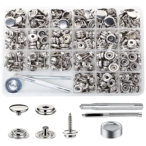 BetterJonny 350-teiliges Druckknopf-Set, 15 mm Edelstahl-Schrauben, Druckknöpfe, Marinequalität, Leinen-Verschluss, Druckknopf-Kappe mit 3 Einstellwerkzeugen, Material: Lochstanzer für DIY von BetterJonny