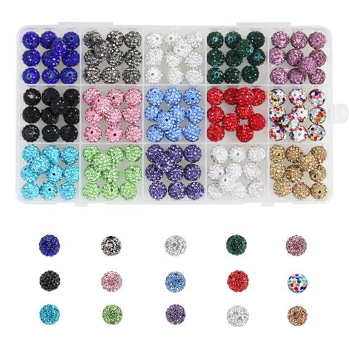 BetterJonny Strass-Ton-Perlen, 10 mm, Strassperlen für Schmuckherstellung, Discokugeln, Polymer-Ton, Kristallperlen, runde Perlen für Schmuckherstellung, Halskette, Armband, 150 Stück (15 Farben) von BetterJonny