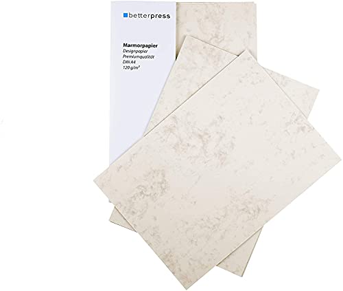 Betterpress® 100 Blatt Briefpapier Marmorpapier chamois 120g, A4 – Beidseitig Marmoriertes Papier in hochwertiger Qualität – Premium ideal als Speisekarte, Zertifikat und Urkunde von Betterpress