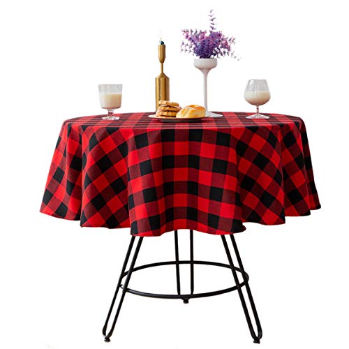 Bettery Home Buffalo Plaid Karo Runde Tischdecke Baumwolle Leinen Tischdecke für Weihnachten Party Hochzeit Bauernhaus Dekoration (Rund – 122 cm, Rot & Schwarz) von Bettery Home