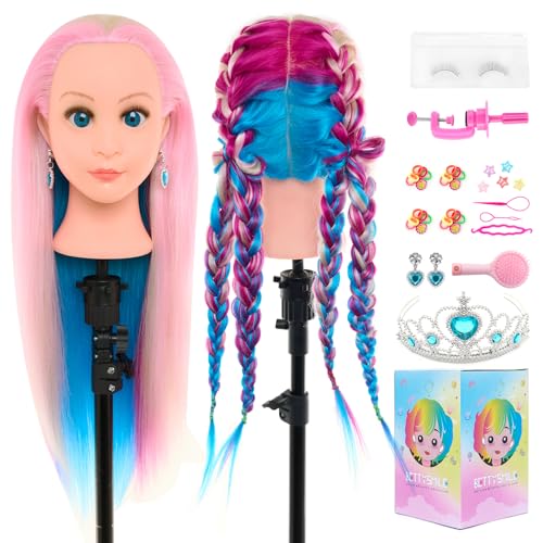 BettySmile Puppenkopf für Haarstyling, Puppenkopf mit Haaren, bunt, Puppenstylingkopf zum Flechten mit Haarstyling-Set, Tischklemme, 61 cm von BettySmile