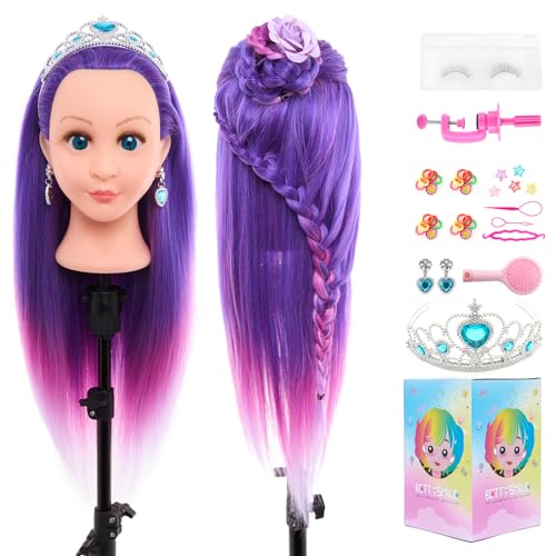 Puppenkopf zum Haarstylen, Puppenkopf mit Haaren, lila, Puppenstylingkopf zum Flechten mit Haarstyling-Set, Tischklemme, 61 cm von BettySmile