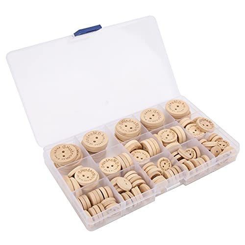 140 Stück handgefertigte Holzknöpfe zum Basteln, 25 mm, 20 mm, 15 mm, 3 Größen, verschiedene Knöpfe, Nähknöpfe mit Aufbewahrungsbox für DIY-Bastelprojekte, Dekorationen und Nähen von Beufee