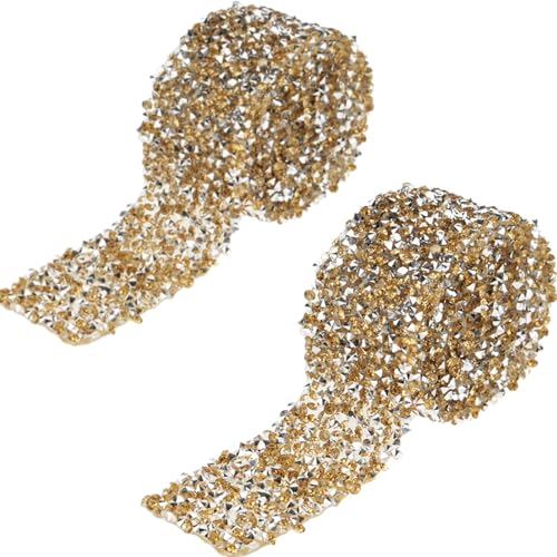 2Roll 1 Yard Rhinestone Ribbon, Bling Rhinestone Diamond Flower Shape Mesh Ribbon Wrap Gold Rhinestone Trim Roll for Wedding Party DIY Craft Centerpiece Vase Sparkling Decoration (Crystal yellow) von Beufee