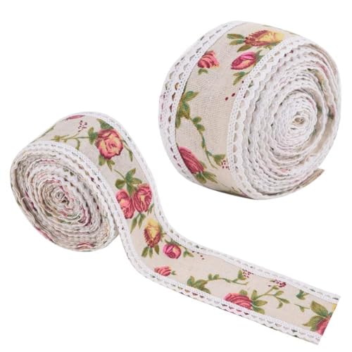 2Rolls Jute Band, Vintage Jute Band Rolle Spitze Gedruckte Blume Jute Band Hessische Jute Gürtel Strap 5m Band für Geschenk Verpackung Hochzeit Tuch Dekoration von Beufee