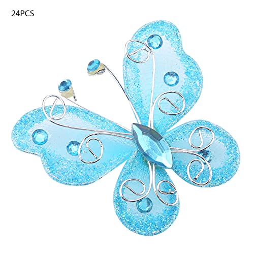 48pcs Organza Schmetterlinge, bloße Netzdraht -Glitzer -Schmetterling Schmetterlingsdekorationen mit Edelstein für Hochzeitsfeier Wohnkultur (Blue) von Beufee