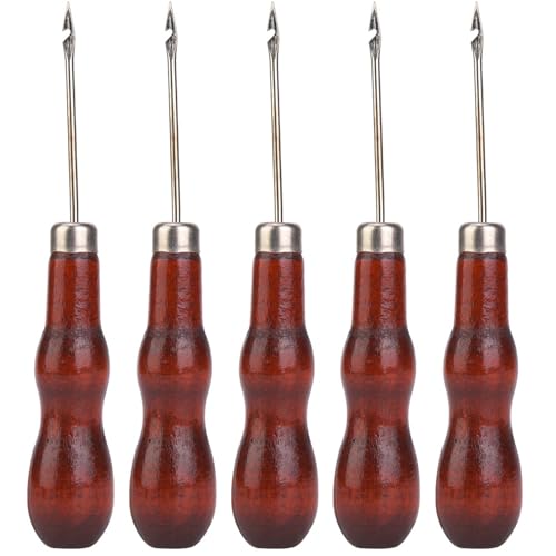 5pcs nähen awl Holzgriff, Loch -Punch -Werkzeug für DIY -Leder -Nähe -Nadel -Set -Schuhe Reparaturwerkzeug Kits Stick -Awl Hakennadeln Häkelhaken von Beufee