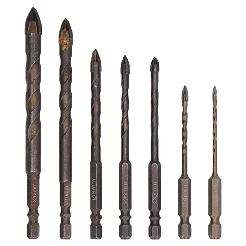 Sechskantbohrer-Set, Kreuz-Zement-Hartmetall-Bohrschrauber-Schraubendreher-Bits für Glas, Keramik, Glasfliesen, Vollfliesen, Ziegelwände, Holz (7 Piece Set) von Beufee