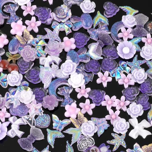 Bewudy 100 Stück Verschiedene Nail Art Dekoration, Multi Shapes 3D Nagel Charms, Blume Bär Seestern Mond Schlange Gänseblümchen Herz Nail Charms für Nägel DIY Handyhülle Deko Nageldekoration(Lila) von Bewudy