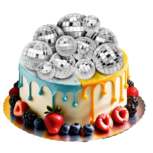 Bewudy 11 Stück Disco Kugel Cake Toppers, Silber Tortendeko Kugeln Spiegelkugel 6 Größen Discokugel Torten Deko Spiegel Ball Tortenaufleger für Partyzubehör Kuchen Dessert Dekoration Kuchendekoration von Bewudy