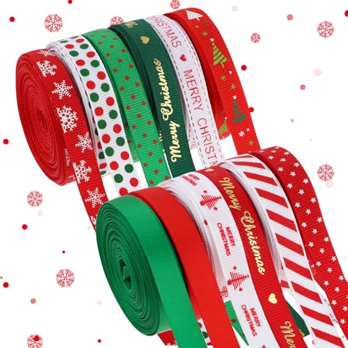 Bewudy 12 Rollen Schleifenband Weihnachten, 10mm Geschenkband Weihnachten, Weihnachten Deko Schleifenband Weihnachtsbaum Dekoband Schneeflocke Elch Bänder für Geschenk Dekoration (45m/Rollen) von Bewudy