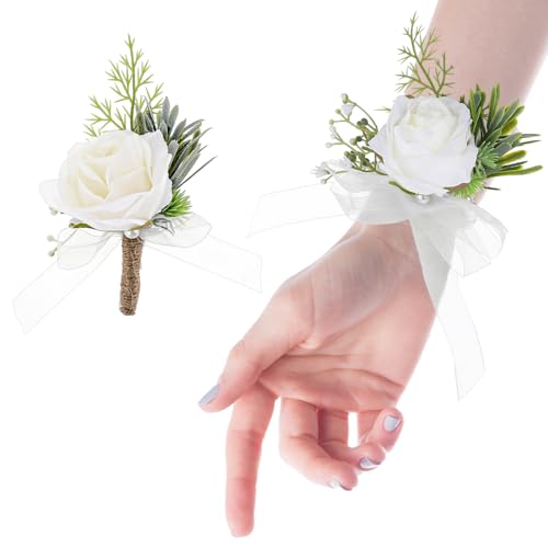 Bewudy 2 Stück Ansteckblume Handgelenksblume, Künstliche Corsage Hochzeit für Braut Bräutigam Weißes Rosencorsage Handgelenkblume für Hochzeit Jubiläumsdaten Party von Bewudy