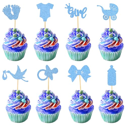 Bewudy 32 Stück Babyparty Tortendeko Taufe, Glitzer Baby Deko Kuchen Cupcake Muffin Deko, Jungen oder Mädchen Cupcake Toppers für Gender Reveal Party Taufe Dekoration Kinderparty(Junge) von Bewudy