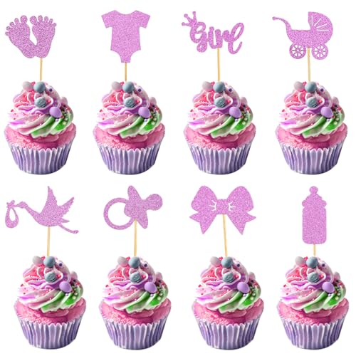 Bewudy 32 Stück Babyparty Tortendeko Taufe, Glitzer Baby Deko Kuchen Cupcake Muffin Deko, Jungen oder Mädchen Cupcake Toppers für Gender Reveal Party Taufe Dekoration Kinderparty(Mädchen) von Bewudy