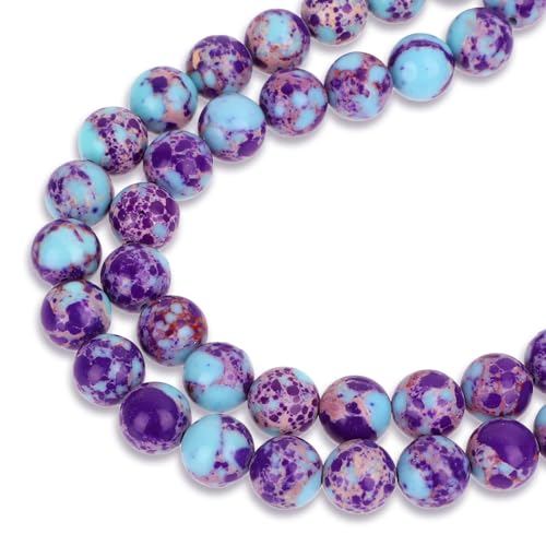 Bewudy 47 Stück Lila Naturstein Perlen, 8 mm Lila Blaue Jaspis Edelstein Perlen, Runde Lose Edelstein Perlen Bunte Runde Steinperlen für die Schmuckherstellung Armbänder Ketten DIY Schmuck Basteln von Bewudy