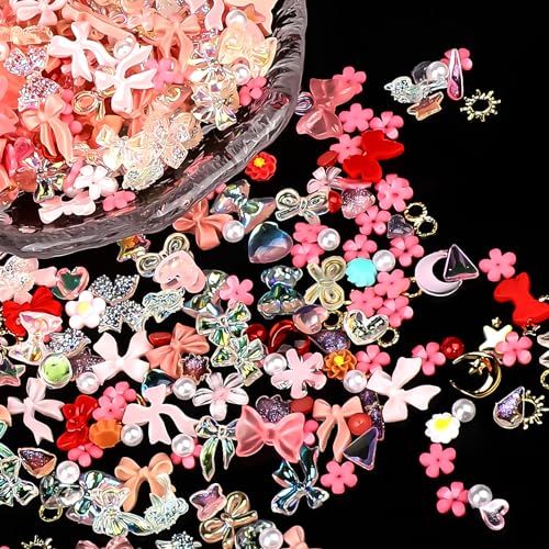 Bewudy 500 Stück Mischen Nagel Charms Dekorations, 3D Nail Dekorationen Kunstharz, Niedliche Maniküre Accessoires Blume Schleifen Herzen für Nagel Kunst Dekorations Nail DIY (Rosa) von Bewudy