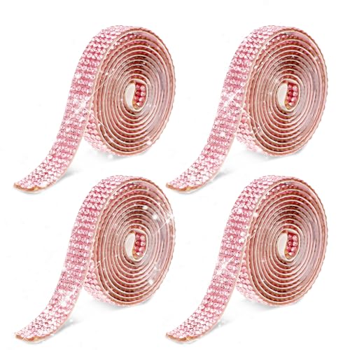 Bewudy Strassband Selbstklebend, 4Rollen 1Yard Glitzerband, 0.35in Strassband zum Aufnähen DIY Dekoration Bling Aufkleber Glitzersteine Selbstklebend für Handwerk DIY Party Hochzeit Dekoration(Rosa) von Bewudy