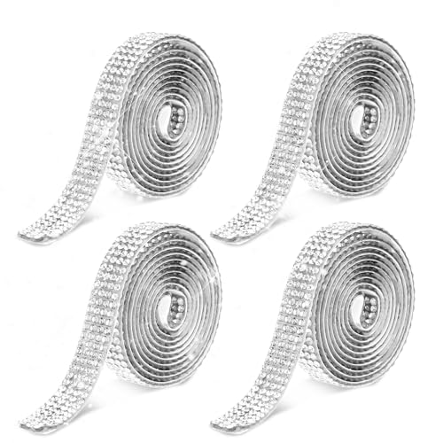 Bewudy Strassband Selbstklebend, 4Rollen 1Yard Glitzerband, 0.35in Strassband zum Aufnähen DIY Dekoration Bling Aufkleber Glitzersteine Selbstklebend für Handwerk DIY Party Hochzeit Dekoration(Silber) von Bewudy