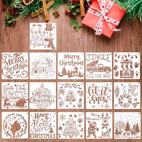 Bewudy Weihnachten Schablonen, 16pcs Hirsch Stencil Schablone, 15x15cm Kunststoff Malschablonen Zeichenschablonen Elch Wald Schneeflocken Vorlagen Wiederverwendbar Weihnachtskarte für Fotoalbum DIY von Bewudy