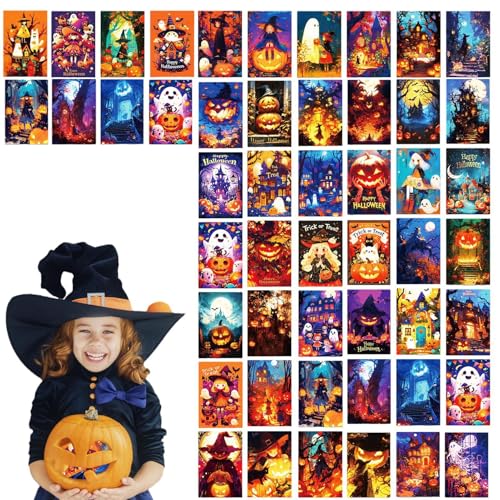 Bexdug Halloween-Grußkarten,Halloween-Karte - 50X gruselige Notizkarten - Verschiedene Postkarten, 10,2 x 15,2 cm, Skelett, Geisterschloss, Notizkarten, gruselige Illustrationskarten für Einladungen von Bexdug