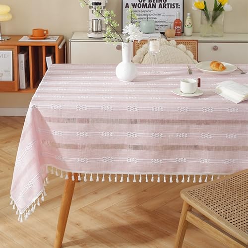 Beydodo Tischtuch 140x180 Rosa, Tischdecken Outdoor Wetterfest Stickerei mit Streifen Muster Modern Tischdecke Abwaschbar Party Garten Hochzeit von Beydodo