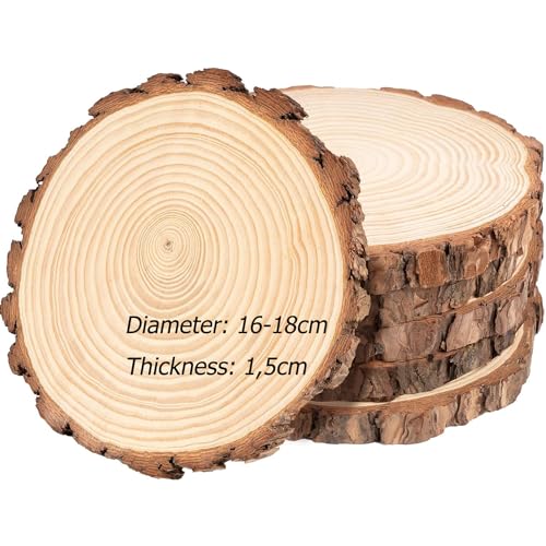 Bhina 5 Stück 16-18 cm Natur Holzscheiben 15mm Dick Unvollendete Holzkreise Runde Naturholz Baumscheiben mit Rinde Ungebohrte Holz Log Scheiben für Kunst Malerei Weihnachtsen dekoration DIY Handwerk von Bhina