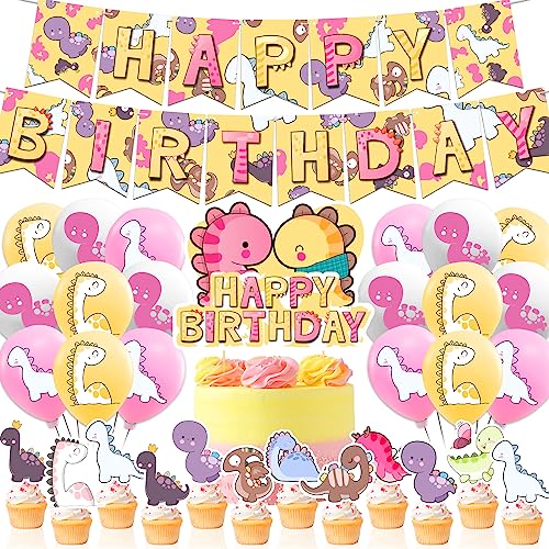 Dino Party Deco Set Aufhängen Dekoramadan Kareem Banner Cake Cupcake Topper Premium Ballons Dinosaurier Birthday Decorations Tortendeko Kuchenzubehör für Kinder Geburtstag Babyparty Zubehör Rosa von Bialowase