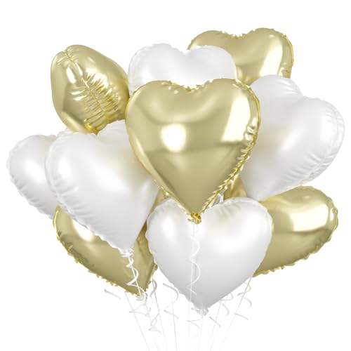 18 Zoll Herzluftballons Gold Creme, 10 Stück Hell Gold Creme Weiß Herzluftballons Hochzeit, Cremefarbene Luftballon Herz Folienballons für Geburtstag Babypartys Verlobung Valentinstag Party Dekoration von Biapian