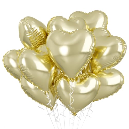 18 Zoll Herzluftballons Hell Gold, 10 Stück Pastel Goldene Herzluftballons Hochzeit, Gold Luftballon Liebes Herz Folienballons Helium für Geburtstag Babypartys Verlobung Valentinstag Party Dekoration von Biapian