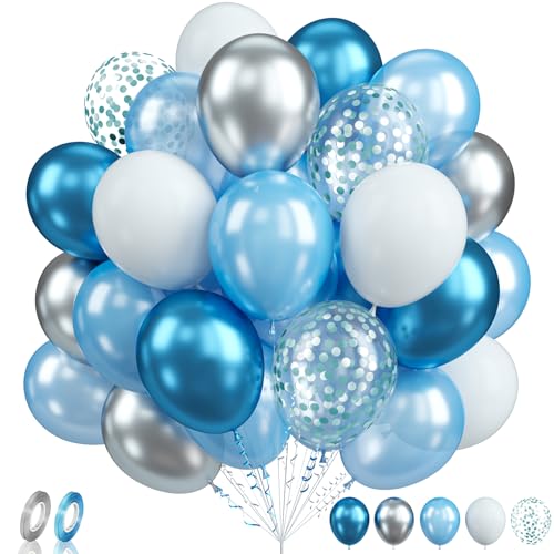 Biapian Luftballons Blau Weiß, 60 Stück Blau Silber Luftballons Geburtstag, 12 Zoll Blau Weiß Latexballons, Metallisch-Silberblaue Heliumballons für Jungen Geburtstag Babyparty Hochzeit Party Deko von Biapian