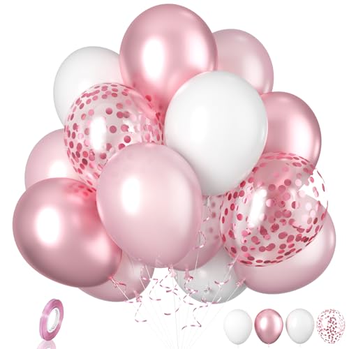 Biapian Luftballons Rosa, 20 Stück Rosa und Weiß Luftballons Geburtstag, 12 Zoll Metallische Rosa Konfetti Ballons, Rosa Weiß Latexballons Helium für Mädchen Frauen Geburtstag Hochzeit Babyparty Deko von Biapian