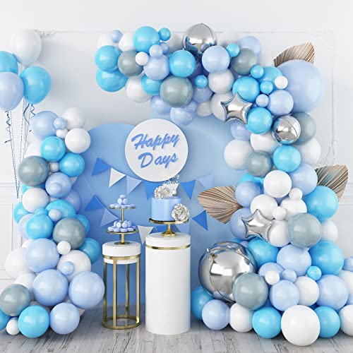 Blau Luftballons Girlande, Ballon Girlande Hochzeit Blau Weiß Silber, Metallic Silber Ballons Macaron Nebel Blau Helium Ballons 4D-Folieballons für Geburtstag Deko Babyparty Hochzeit Mädchen Junge von Biapian