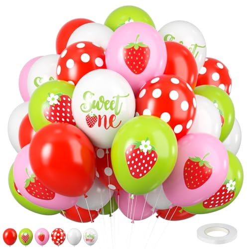 Erdbeerballons, 12 Zoll Erdbeere Sweet One Partyballons Weiß Grün Rot Punkte Ballons Erdbeer Thema Party für Mädchen Erster Geburtstag Sommer Obst Party Babyparty Zubehör von Biapian