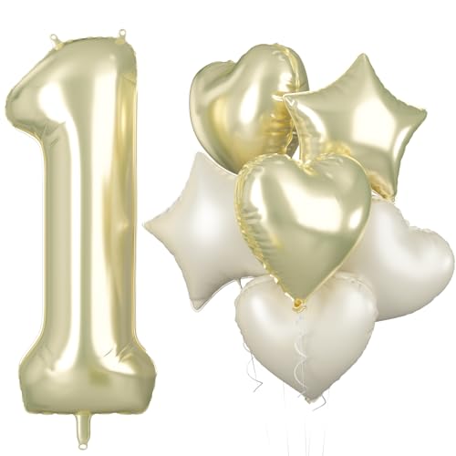 Folienballon Zahl 1 Gold, XXL Helles Gold Zahlenballon 1 für Mädchen Junge, 40 Zoll Zahlen Luftballon 1. Geburtstag Deko mit Creme Beige Herzluftballons für Kinder Babyparty 1 Jahre Geburtstagsdeko von Biapian