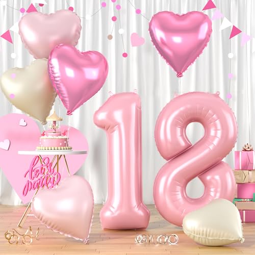 Folienballon Zahl 18 Rosa, XXL Pastell Rosa Zahlenballon 18 für Mädchen, 40 Zoll Hellrosa Zahlen Luftballon 18. Geburtstag Deko mit Herzluftballons Helium für Kinder Babyparty 18 Jahre Geburtstagsdeko von Biapian