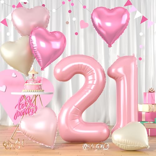 Folienballon Zahl 21 Rosa, XXL Pastell Rosa Zahlenballon 21, 40 Zoll Groß Hellrosa Zahlen Luftballon 21. Geburtstag Deko mit Herzluftballons Helium für Frau Mädchen Babyparty 21 Jahre Geburtstagsdeko von Biapian