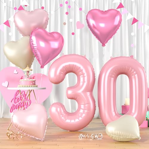 Folienballon Zahl 30 Rosa, XXL Pastell Rosa Zahlenballon 30, 40 Zoll Groß Hellrosa Zahlen Luftballon 30. Geburtstag Deko mit Herzluftballons Helium für Frau Mädchen Babyparty 30 Jahre Geburtstagsdeko von Biapian