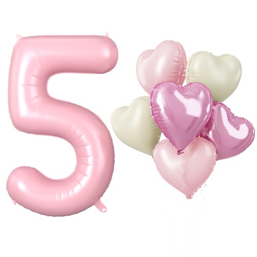 Folienballon Zahl 5 Rosa, XXL Pastell Rosa Zahlenballon 5 für Mädchen, 40 Zoll Hellrosa Zahlen Luftballon 5. Geburtstag Deko mit Herzluftballons Helium für Kinder Babyparty 5 Jahre Geburtstagsdeko von Biapian